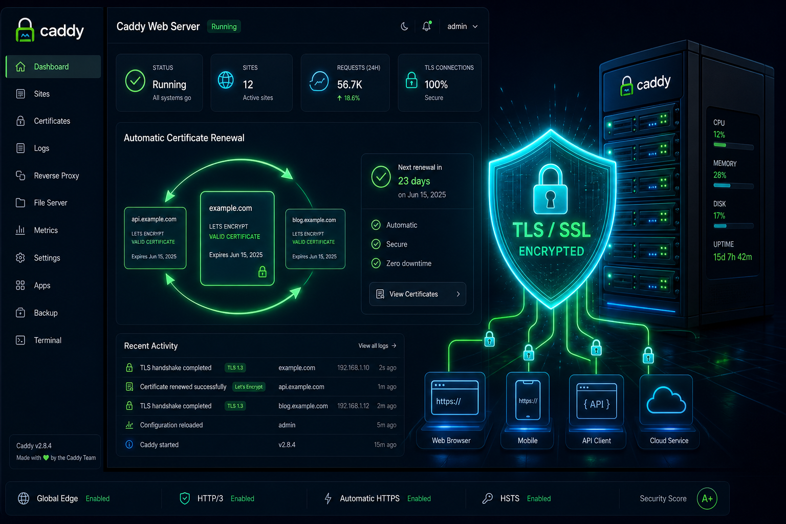 Caddy reverse proxy sitting in front of a self-hosted AI dashboard.