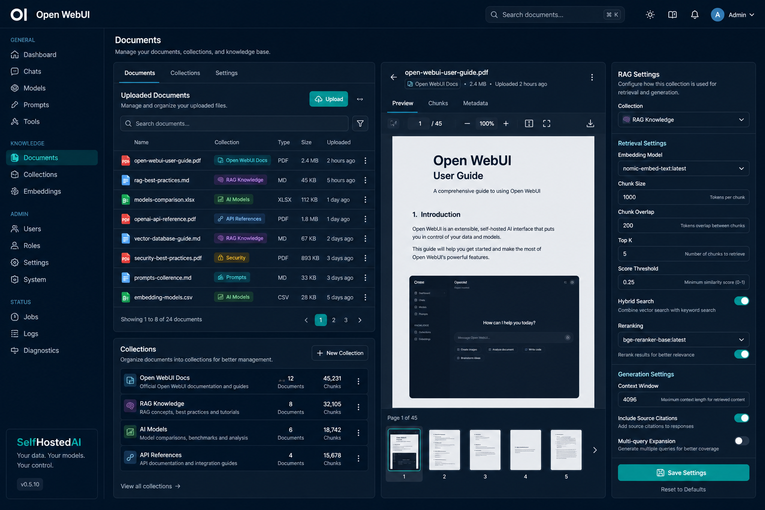 Open WebUI connected to local documents and retrieval sources.